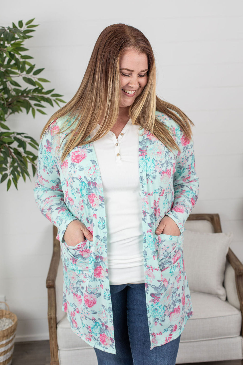 Rachel Ribbed Cardigan - Mint Floral-The Bee Chic Boutique-[option4]-[option5]-[option6]-[option7]-[option8]-Shop-Boutique-Clothing-for-Women-Online